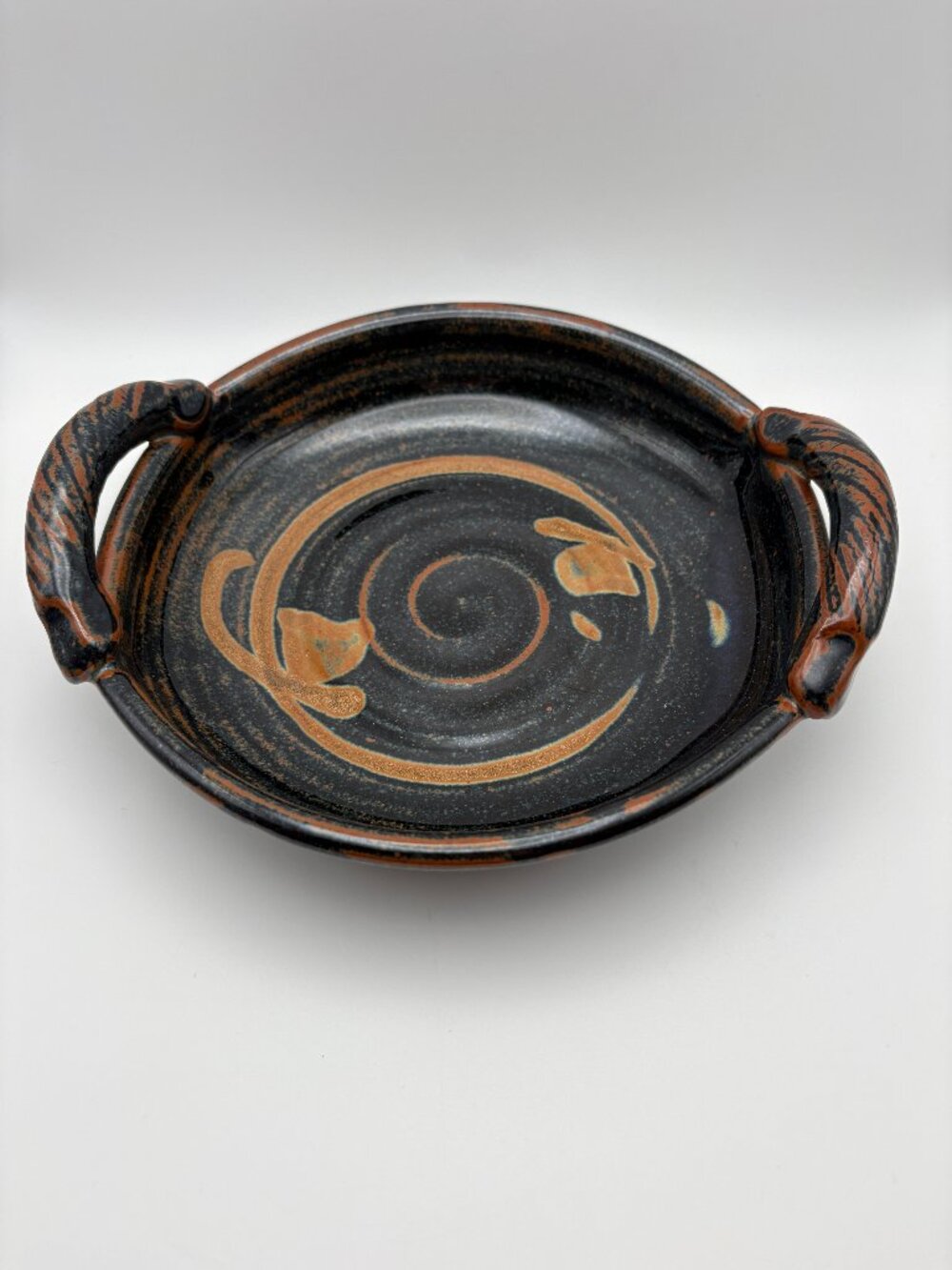 Signed Studio Pottery Black Rust Two Handle Stoneware Serving Dish (SKU:025MG)